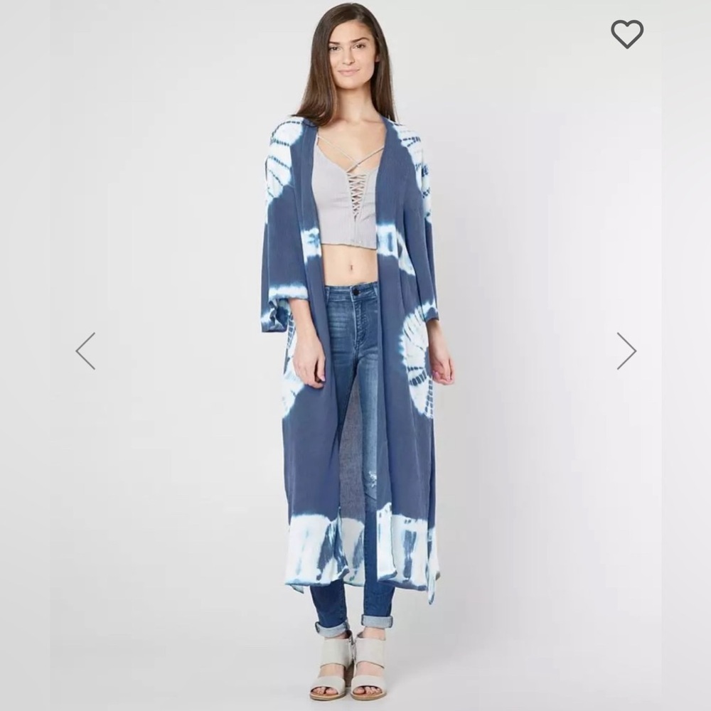 Amuse Society Kiki Duster Kimono Blue Costal Tie dye flyaway Maxi Size XS